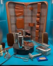 Vintage Barbierset mit Lederetui, Rasierhobel, Pinsel, Edelstahlbehälter, Seife