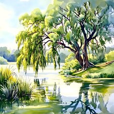 Wandbild Trauerweide See