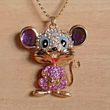 Damen Halskette Maus-Anhänger 3D Lila Strasssteine Kette ca.65 cm beweglich