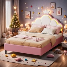 LED Polsterbett 90x200 Kinderbett EinzelBettgestell mit Lattenrost Kroneform