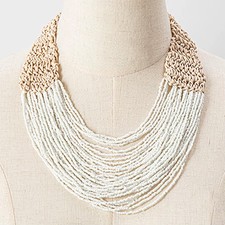 Boho Collier Kette Perlenkette weiss-natur mehrreihig, Baumwoll-Kordel, 50 cm