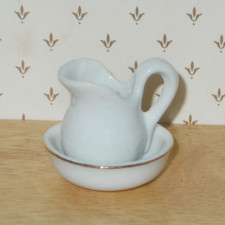 Lavabo Wasch-Geschirr Weiß Goldrand Porzellan MINIATUR Krug Schüssel Puppenhaus