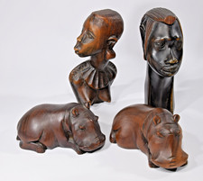 afrikanische SCHNITZEREIEN Büsten Mann & Frau Nilpferde Flußpferd Set Sammlung