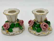 Vintage Dresden Candlestick Holders, Set of 2, Applied Pink Roses And Leaves, 2”