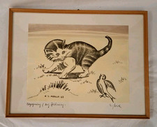 Bezaubernde original Zeichnung "Begegnung" sig. K. J. MERLA (19)68 Katze & Vogel