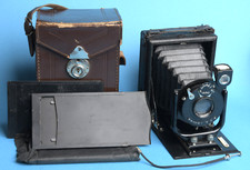 Alte Balgen-/Laufbodenkamera 6x9 mit Polluxar 4,5/10,5cm mit Zubehör + Tasche