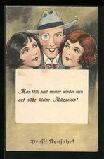 Herr mit Monokel und zwei Damen, Ansichtskarte 