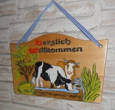 Schild Holz Handbemalt Kuh Kühe Tränke Weide Willkommen Willkommensschild Neu