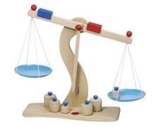 WAAGE mit blauen Metallschalen 6 Gewichte Kaufladen Kaufmannsladen Holzwaage NEU