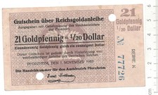 PFORZHEIM 21 Goldpfennig (= 1/20 Dollar), Reichsgoldanleihe vom 1. November 1923