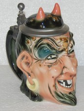 schöner Bierkrug Teufel Porzellan Krug Zinndeckel E. Bohne Rudolstadt Thüringen