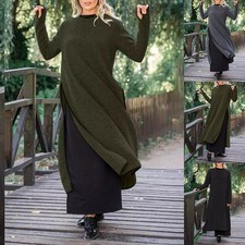 Übergröße Damen Fleece Sweatkleid Pulloverkleid Maxikleid Langarm Freizeitkleid