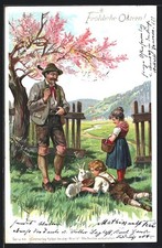 Künstler-AK E. Döcker: Vater und Kinder beim Osterhasen füttern 1903 