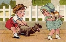 Ak Kinder, Bellender Hund, Erschrockene Katze, Spaziergang - 4440417