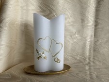 Hochzeitskerze Weiß Und Goldverzierung Doppelkerze 21cm Hoch Mit Messingteller