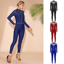 DE Damen Eiskunstlauf Anzug Langarm Ballett Trikot Tanz Mesh Spleiß Jumpsuit