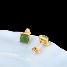 K03 Ohrringe quadratische grüne Jade Silber 925 vergoldet Ohrstecker