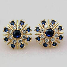 Blau Saphir Ohrstecker Diamant Cluster Ohrringe Hochzeit GelbGold Finish Silber