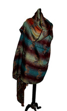 XXL Pashmina Stola Schal Seide Petrol-Rot Handgefertigt-Indien Wolle-Seide