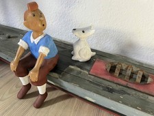 Seltenes Tintin Display Tim und Struppi Figuren mit großem Holz Boot Vintage