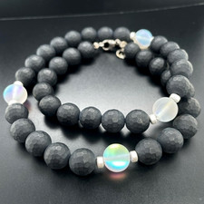 COLLIER  925/-SILBER RHOD. MIT ACHAT, HÄMATIT & KUGEL  SILBERZEIT SCHMUCKJAGD