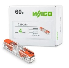 WAGO 221-2411 (60 Stück) 2-Leiter-Klemme Durchgangsverbinder Klemme mit Hebel