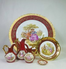 Vintage Konvolut 6 rot vergoldete Jean-Honoré Fragonard Limoges Teller & Ewers