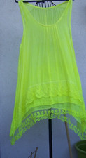 Lagenlook NEONGELB Strandkleid Bluse Achseltop viel Spitze Zipfelkleid 40/42