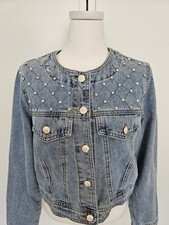Jeansjacke Perlen Strass S Baumwolle Hellblau