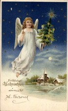 Präge Ak Frohe Weihnachten, Engel mit Tannenbaum - 4784430
