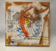 Düsseldorf Burgplatz Original 40x40 Acryl Bild Leinwand sign.  Zeichnung Unikat