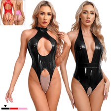 DE Damen Wetlook Bodysuit Einteiler Ärmellos Stringbody Jumpsuit Erotik Catsuit