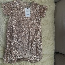 🌺Mädchen ZARA Kleid  Roségold festlich mit Pailletten Gr. 140 NEU MIT ETIKETT