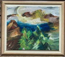 ::EXPRESSIONIST KÜSTE MEER WELLEN FELSEN ÖLGEMÄLDE ANTIK RAHMEN KUBISTISCH ALT