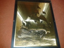 2x Segelschiffe und ein Hafenbild - Messing unter Glas