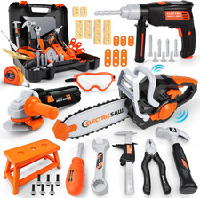 Werkzeugkoffer Kinder 50‑tlg., Motorsäge, Bohrmaschine, Winkelschleifer, Rollens