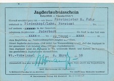 Jagderlaubnisschein Forstmeister Hans Fuhr  1958 X6