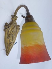 Antike original Jugendstil Wandleuchte Lampe Messingbronze Glasschirm Frankreich