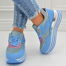 Damen Schuhe Sneaker Blau Glitzer Strass Turn Sport Ballerina Freizeitschuhe Neu