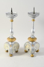 C25U16- Paar Holz Kerzenleuchter handbemalt mit Eisen Dorn