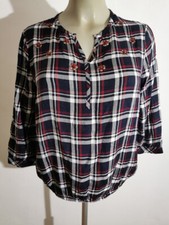 Bluse Gr 44 Blau Rot Weiß kariert s.Oliver Langarm Paliettenblumen Viskose I4