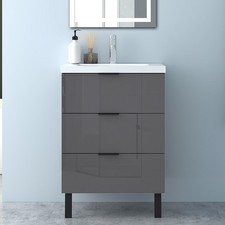 Badmöbel Set 2tlg Waschtisch mit Unterschrank Hochglanz Grau,Becken mit Unterbau