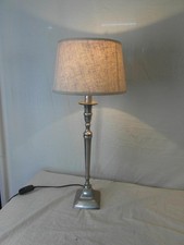 Tischlampe Antik Silberfarben Lampe  Messing Schirm Stoff Leinenoptik Rar o10a3