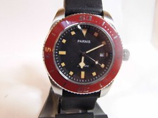 Große Parnis HAU Automatic, 100 m  Edelstahl Lederband weinrot  läuft gut