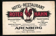 Vertreterkarte Arenberg, Hotel-Restaurant Roter Hahn, Inh. Karl Schroers, Rücks 