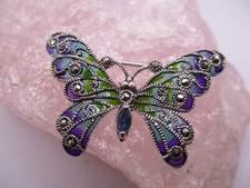 Tolle Brosche Schmetterling 925 Silber Emaille Markasiten Kyanit 4 x 2,5 cm