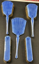 VINTAGE Art Deco blau Guilloche Emaille Schminktisch Schminktisch Spiegel & Bürste Set