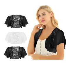 DE Damen Bolero Schulterjacke Spitzen Chiffon Spitze Top Jäckchen Cardigan