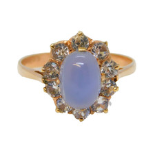 Ring 9 kt Rotgold, Chalzedon & weißer Saphir floral Vintage um 1970