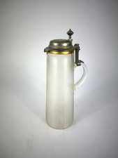 Antiker Großer Bierkrug Rillen Glas Ringe Zinn Deckel Humpen Krug Bier 19. Jh.